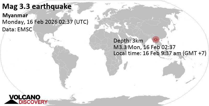 3.3 quake 17 km southeast of Mae Sai, Changwat Chiang Rai, Thailand, Feb 16, 2026 09:37 am (GMT +7)