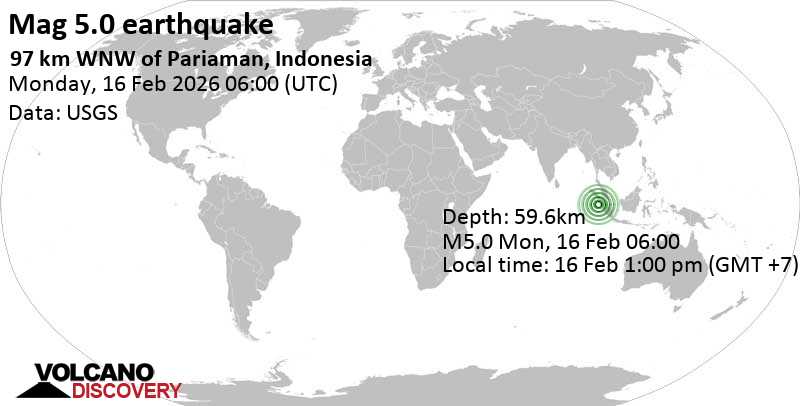 5.0 quake Indian Ocean, 89 km southeast of Pulau Pini Island, North Sumatra, Indonesia, Feb 16, 2026 01:00 pm (GMT +7)