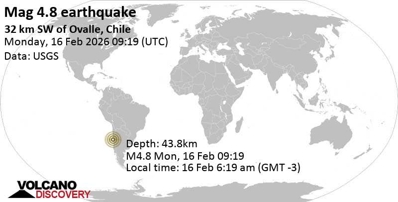 4.8 quake 32 km southwest of Ovalle, Provincia de Limari, Region de Coquimbo, Chile, Feb 16, 2026 06:19 am (Santiago time)