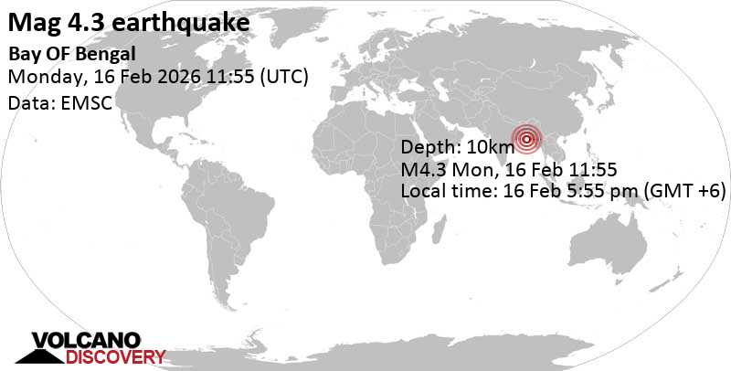 4.3 quake Bay of Bengal, 222 km southwest of Cox's Bazar, Chittagong, Bangladesh, Feb 16, 2026 05:55 pm (GMT +6)
