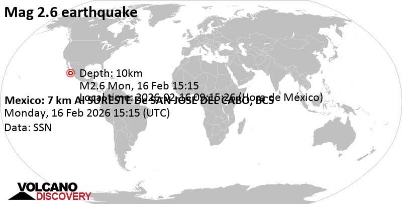 2.6 quake 31 km northeast of Cabo San Lucas, Estado de Baja California Sur, Mexico, Feb 16, 2026 08:15 am (GMT -7)