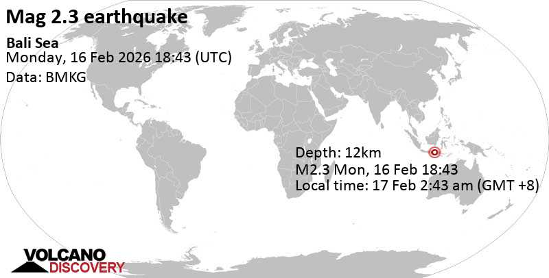 2.3 quake Bali Sea, 26 km northeast of Singaraja, Indonesia, Feb 17, 2026 02:43 am (GMT +8)