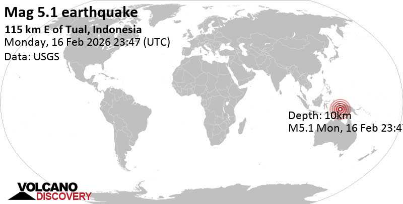 5.1 quake Aru Sea, 52 km west of Dobo, Kabupaten Kepulauan Aru, Maluku, Indonesia, Feb 17, 2026 08:47 am (GMT +9)