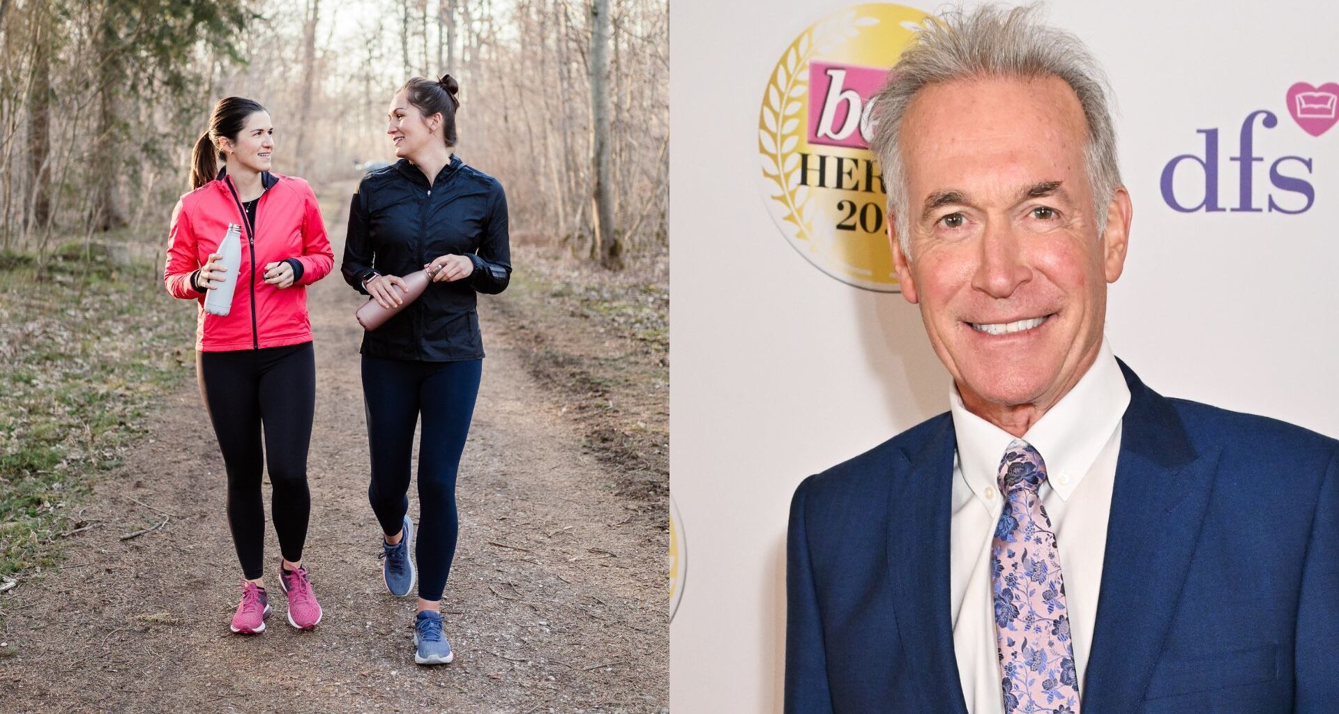 Two women walking along path in workout clothes and talking, Dr Hilary Jones