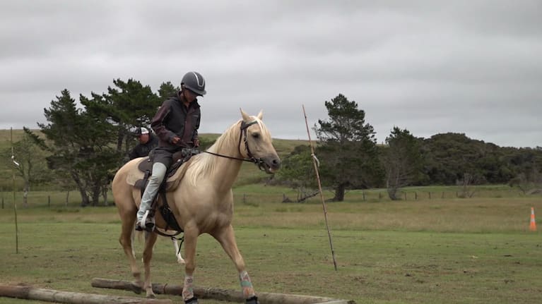 Rider goes through obstacle course.