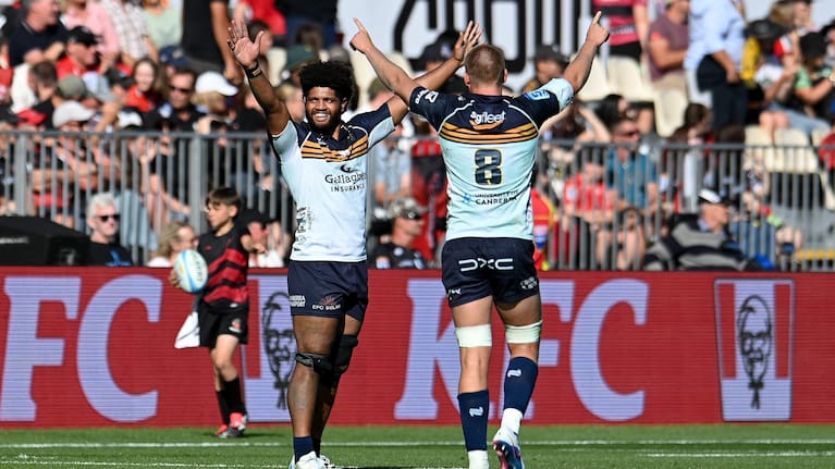 Rob Valetini and Charlie Cale of the Brumbies celebrate their team's historic win over the Crusaders in Christchurch.