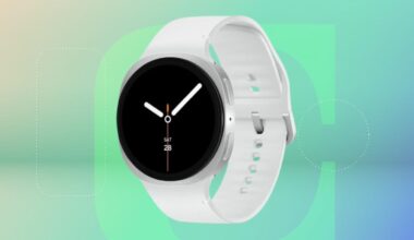 Samsung Galaxy Watch 8 in silver on a green background