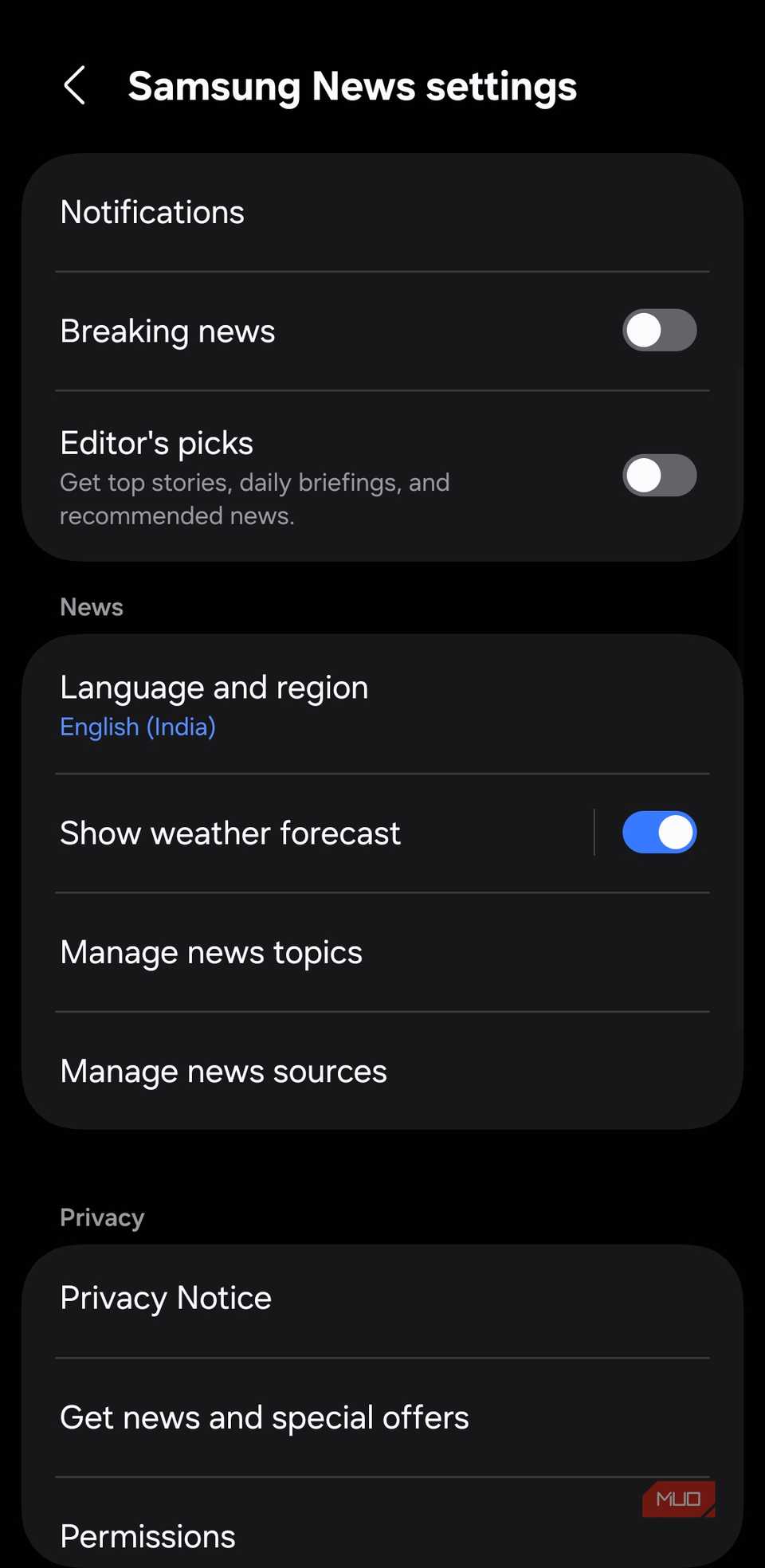Samsung News settings on Galaxy phone