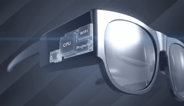 A pair of black smart glasses with internal components like CPU, WiFi, and Projector highlighted, set against a dark background with subtle diagonal lines.