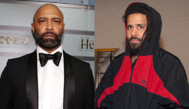 Joe Budden in a tuxedo on the left, J. Cole in a red and black hoodie on the right.