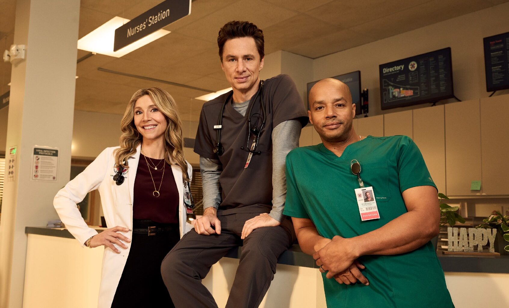 Sarah Chalke as Elliot Reid, Zach Braff as John “J.D.” Dorian and Donald Faison as Christopher Turk in "Scrubs" (Disney/Brian Bowen Smith)