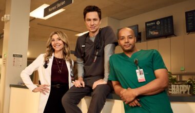 Sarah Chalke as Elliot Reid, Zach Braff as John “J.D.” Dorian and Donald Faison as Christopher Turk in "Scrubs" (Disney/Brian Bowen Smith)