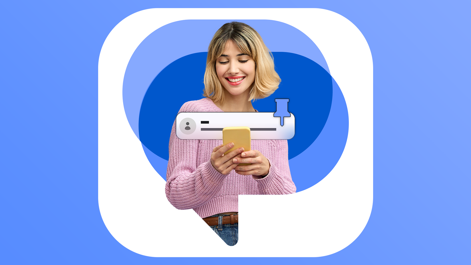 Smiling woman using a smartphone with a pinned chat icon and the Google Messages logo in the background.
