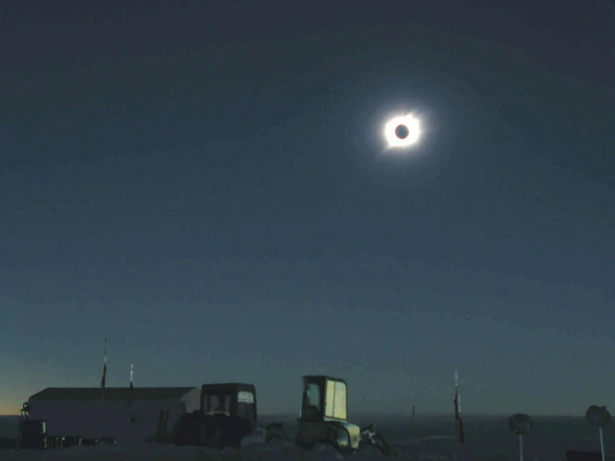 The Japanese Antarctic observation team captured this image of a solar eclipse over Dome Fuji research station, 24 November 2003. During a total solar eclipse, the sky goes dark, but that won't happen during the 17 February 2026 annular. Credit: AFP/AFP via Getty Images