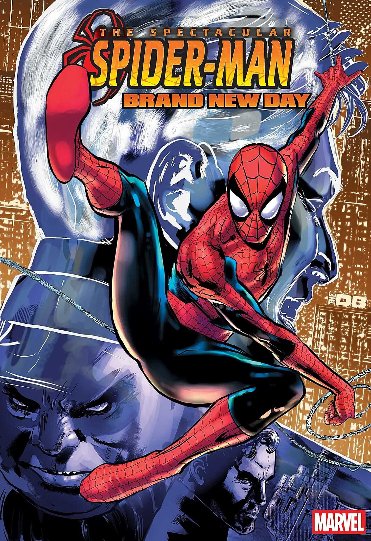 Spider-Man Brand New Day #1 cover, Spidey webslinging with foes in the background