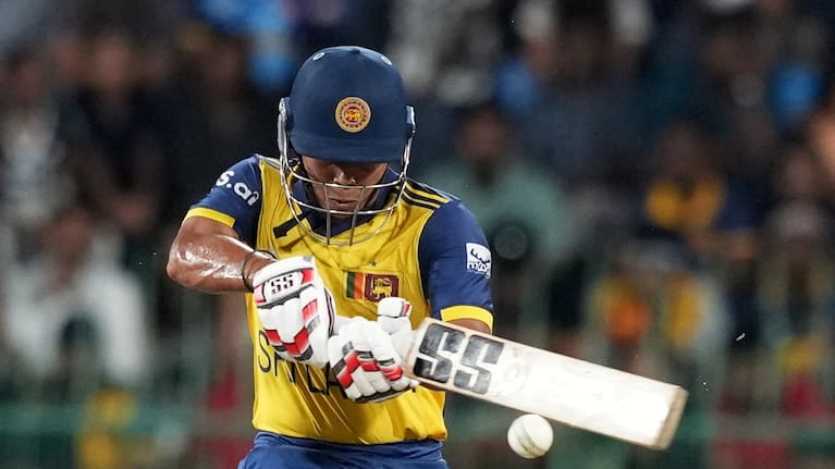 Sri Lanka's Dunith Wellalage plays a shot during the T20 World Cup cricket match between Sri Lanka and New Zealand in Colombo, Sri Lanka.