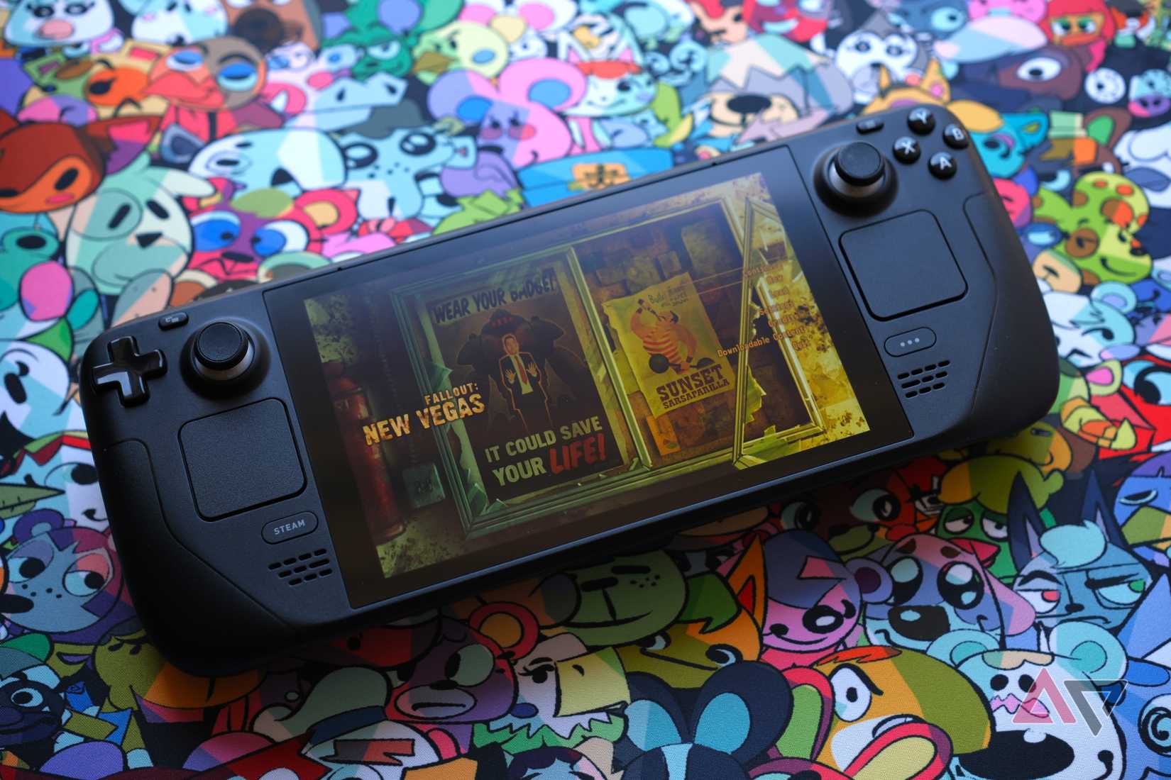 steam deck playing fallout nv on colorful background