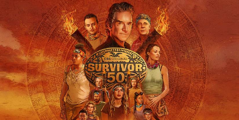 Survivor 50 poster featuring Jeff Probst and the cast