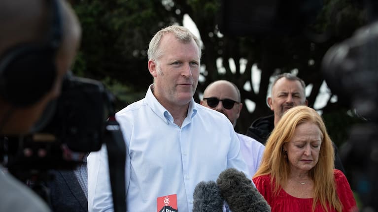 Tauranga Mayor Mahé Drysdale next to deputy mayor Jen Scoular at one of the media stand-ups after the slip.