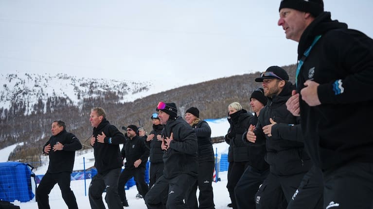 Team New Zealand performs a haka after New Zealand's Zoi Sadowski-Synnott won the silver medal.