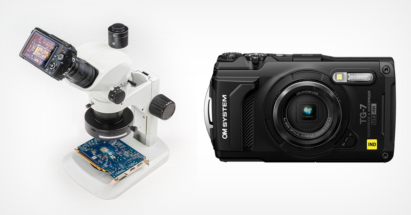 A digital camera is mounted on a white microscope examining a circuit board. Next to it, there is a black OM System TG-7 compact digital camera on a white background.