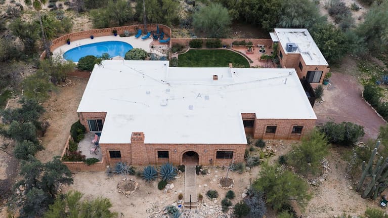 The home of Nancy Guthrie, the missing mother of Today show host Savannah Guthrie, is seen from above in Tucson, Arizona.