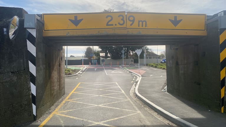 The Tinwald viaduct shows the visible signs of the crash that damaged the overhead impact beam, forcing the temporary closure.