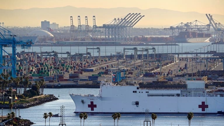 The USNS Mercy enters the Port of Los Angeles, March 27, 2020, in Los Angeles.