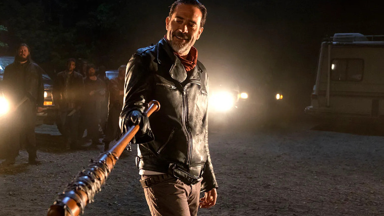 Jeffrey Dean Morgan as Negan holds out his bat in The Walking Dead