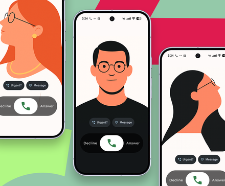 Three smartphones displaying customized calling card screens.