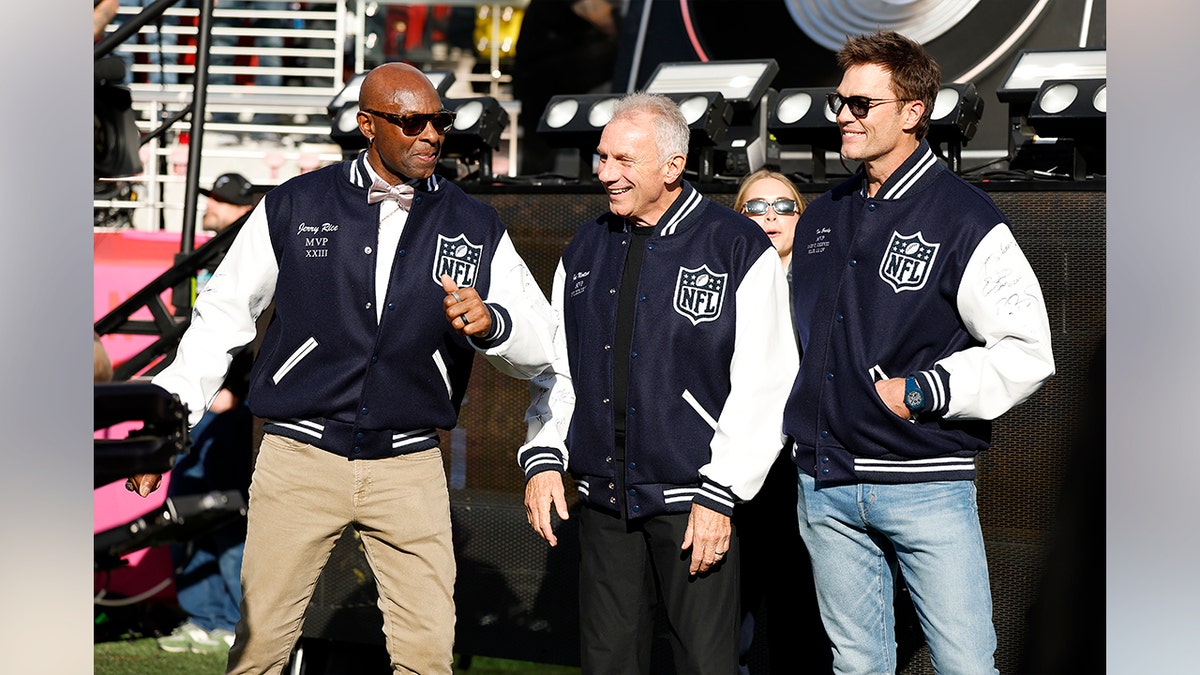 Jerry Rice, Joe Montana, and Tom Brady at the Super Bowl.