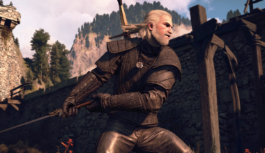 Geralt is preparing to swing his sword