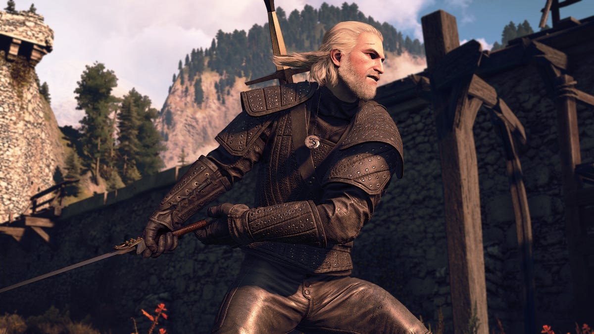 Geralt is preparing to swing his sword