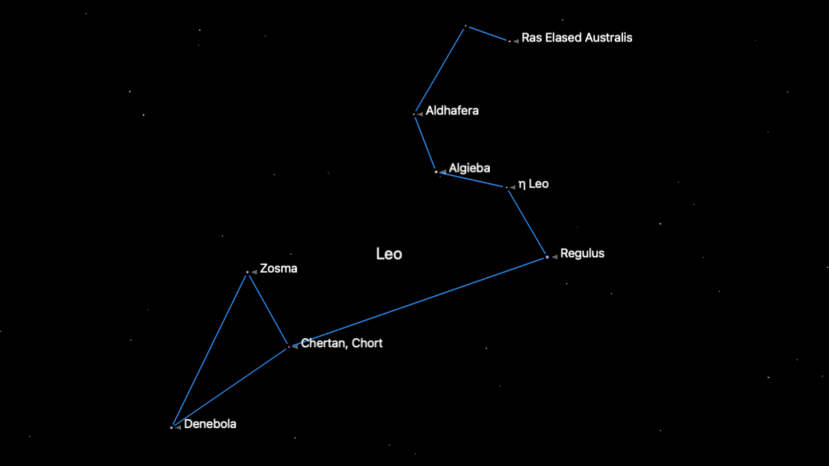 A graphic showing the stars of the constellation Leo connected by a teal line.