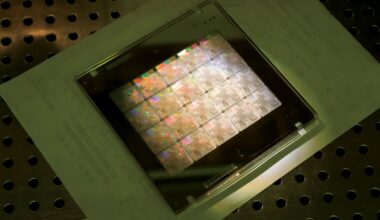 Semiconductor chip wafers being fabricated.