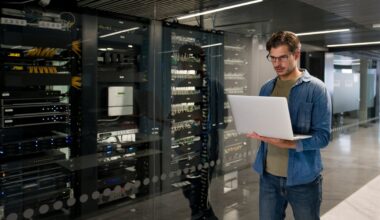 A person walks through a data center.