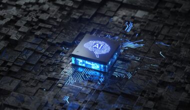 An AI chip on a circuit board with a brain icon on it.