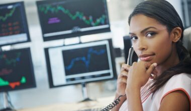 A trader on the phone with computer screen filled with stock data behind them.