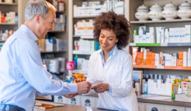 A pharmacist helping a customer with a medicine prescription.