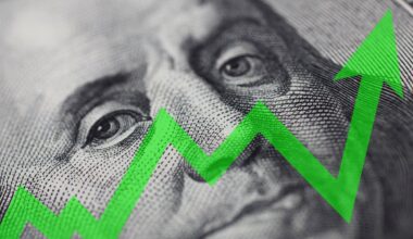 An upward-trending green arrow overlaid on Benjamin Franklin.