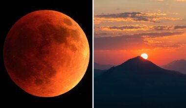 two panel image on the left is a close up view of a blood red moon during a total lunar eclipse and on the right is a rising sun behind a mountain.