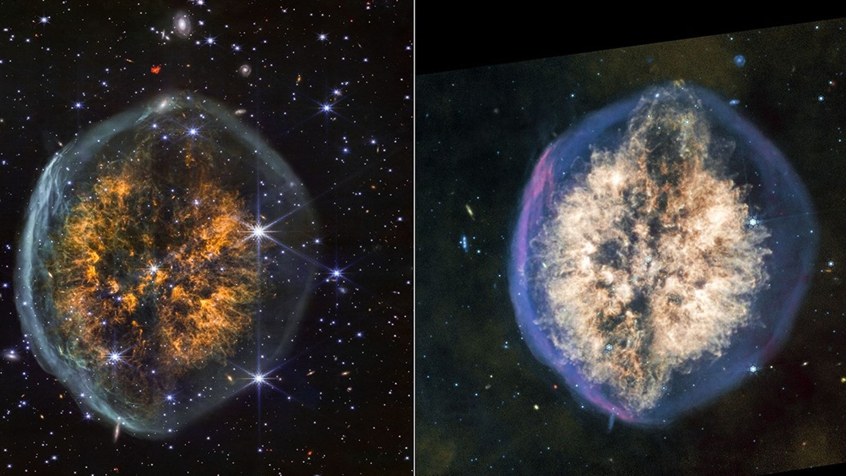A side-by-side view of the JWST's two instruments' pictures of the nebula. The left one is more orange and "clear," while the right one if lighter and more hazy.