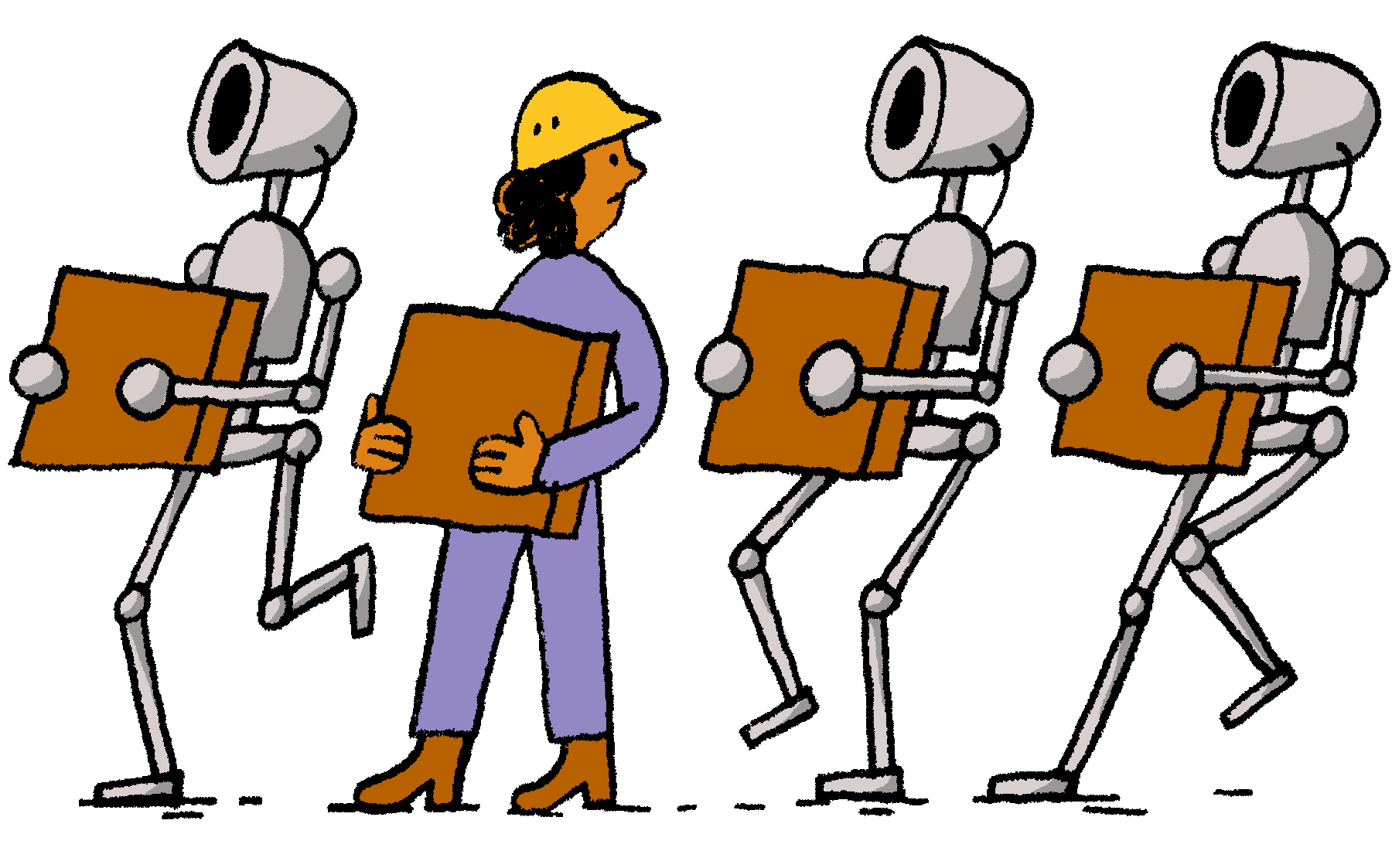 an illustration of one nervous person and three robots all transporting brown boxes together in a line