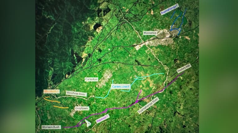 Wairarapa map showing the approximate currently known boundaries of the Pāpāwai, Woodside, Carter's Line and Ruamahanga faults.