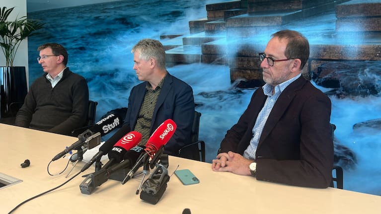 Wellington Water chief executive Pat Dougherty and Wellington Mayor Andrew Little speak to media at Wellington Water headquarters in Lower Hutt.