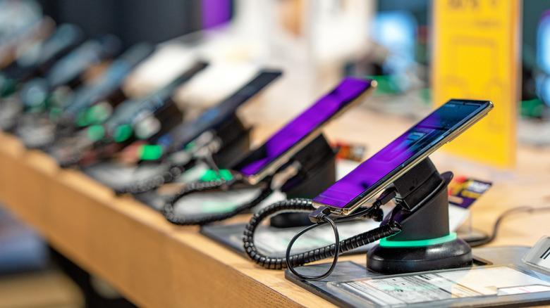 Phones on display in a store.
