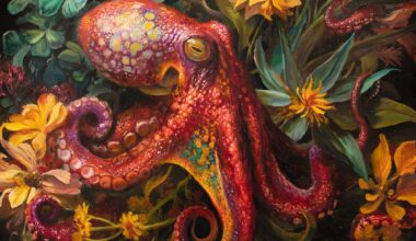 a round painting of flowers and a red octopus by Martin Wittfooth