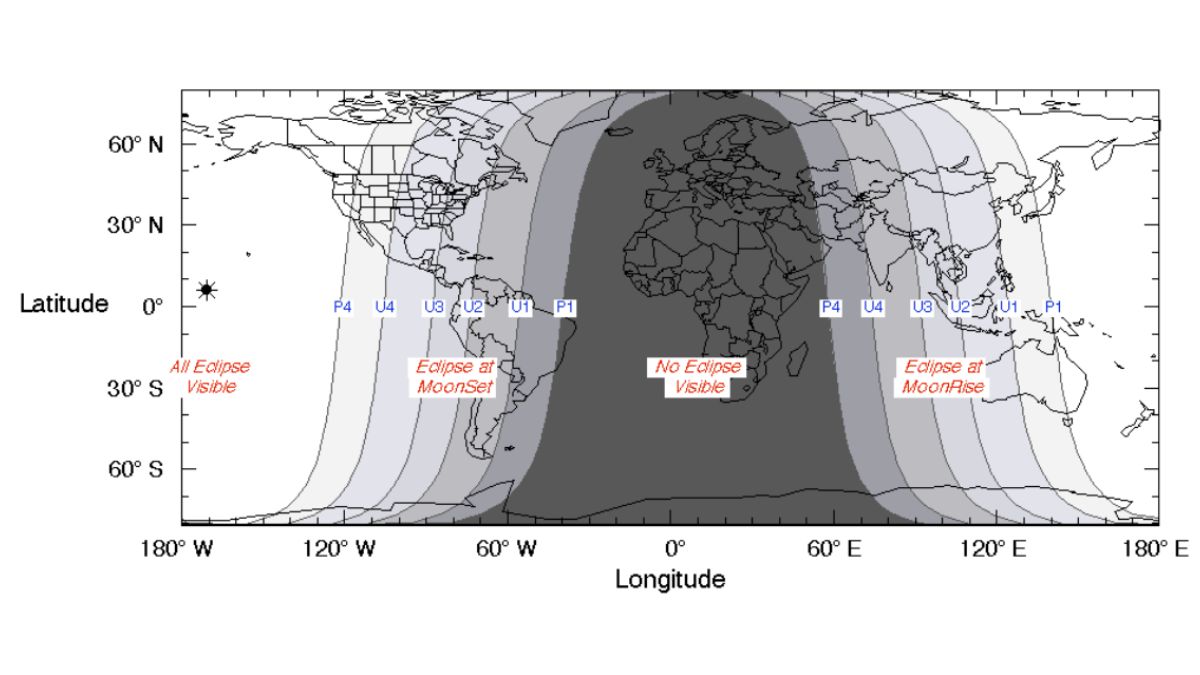 A gray eclipse map of the world showing the various zones of totality for the March 2026 lunar eclipse