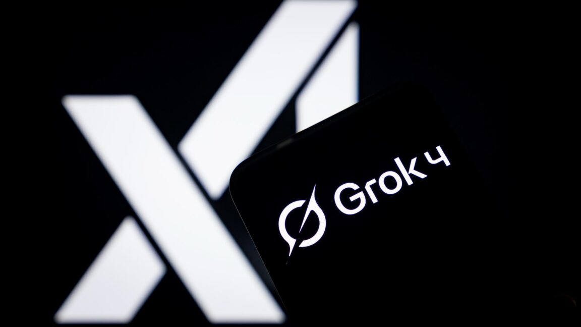 Photo illustration in which the logo of Grok 4 is displayed on a smartphone screen with the xAI logo in the background.