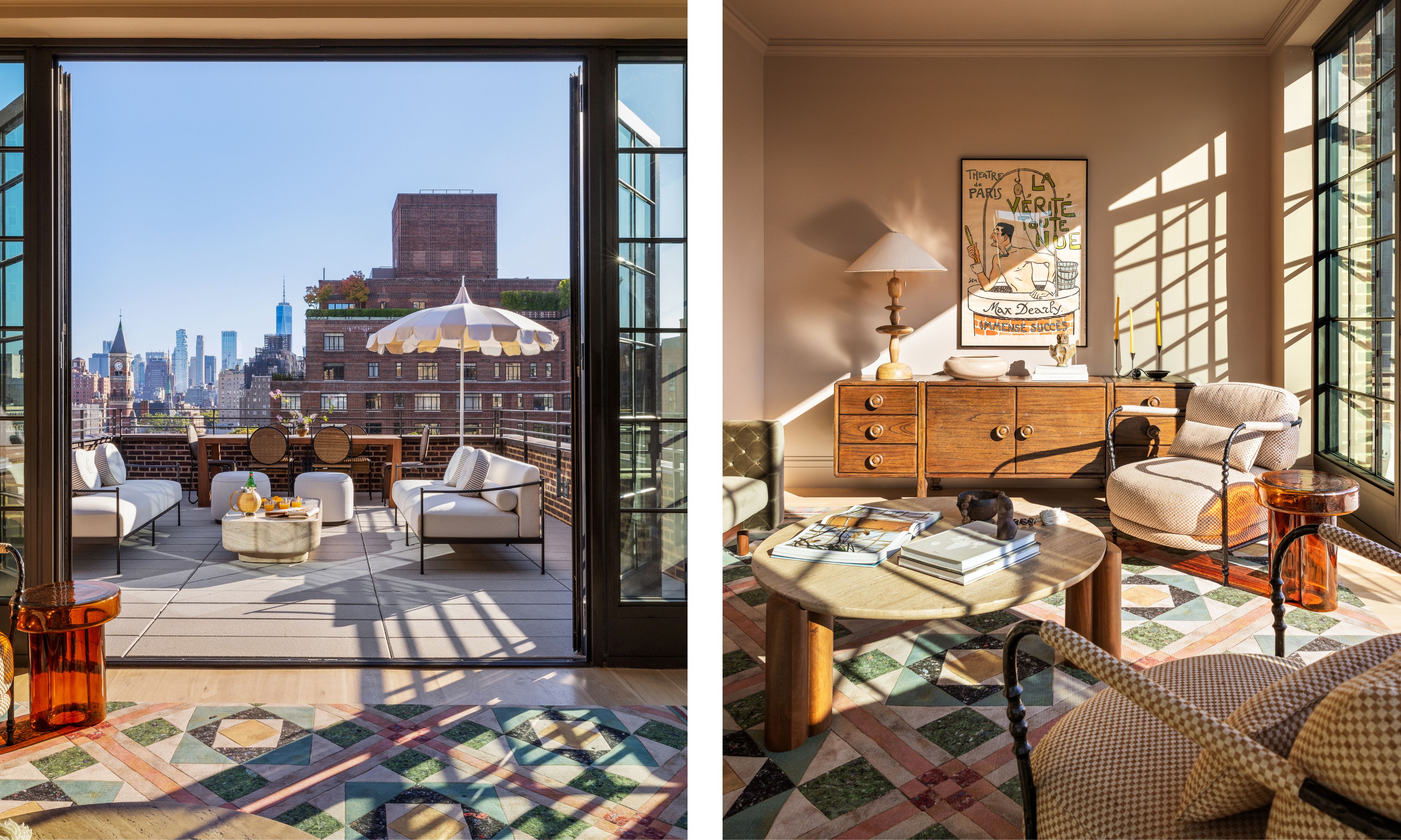 two shots next to each other the same sun room from different angles. On the left, a view out across Manhattan, on the right, a patterned rug and light pours in